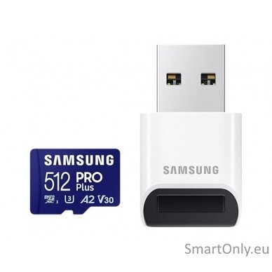 Samsung | PRO Plus microSD Card with USB Adapter | 512 GB | MicroSDXC | Flash memory class U3, V30, A2 1