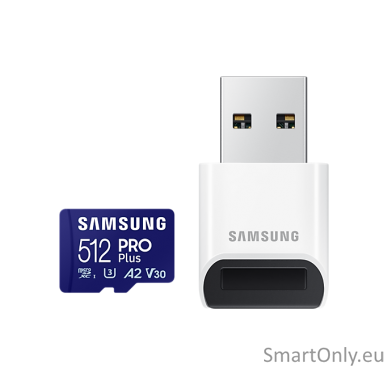 Samsung | PRO Plus microSD Card with USB Adapter | 512 GB | MicroSDXC | Flash memory class U3, V30, A2