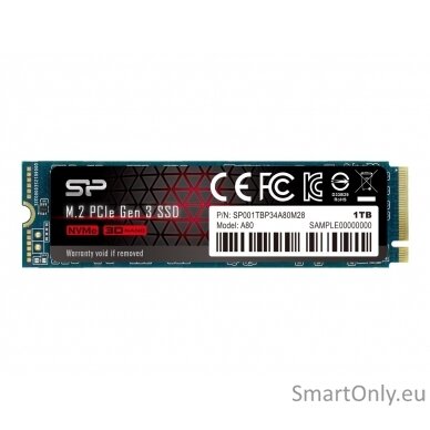 Silicon Power SSD | P34A80 | 1000 GB | Solid-state drive interface PCIe Gen3x4 | Read speed 3400 MB/s | Write speed 3000 MB/s