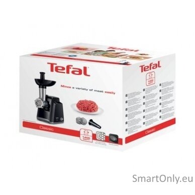 TEFAL Meat mincer NE105838 Black 1400 W Number of speeds 1 Throughput (kg/min) 1.7 The set includes 3 stainless steel sieves for medium or coarse grinding. 4